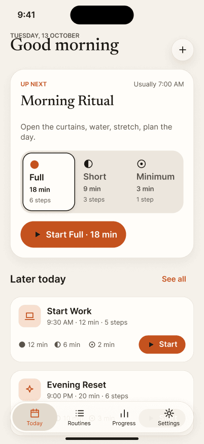 Today screen with the morning ritual and later routines