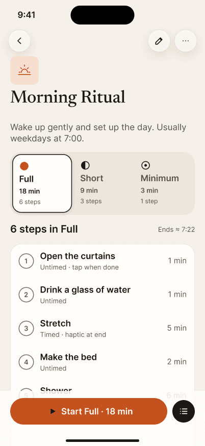 Morning Ritual detail with Full, Short and Minimum versions